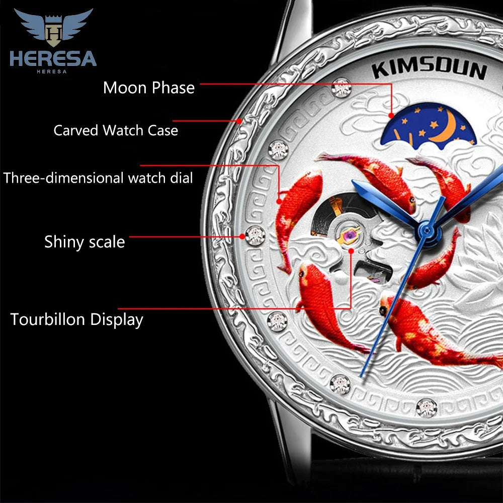 HERESA Koi Theme Wrist Watch Men Luxury Set Fully Automatic Machine Clock Sport Watch Male Big Watches Men Relogios Masculino